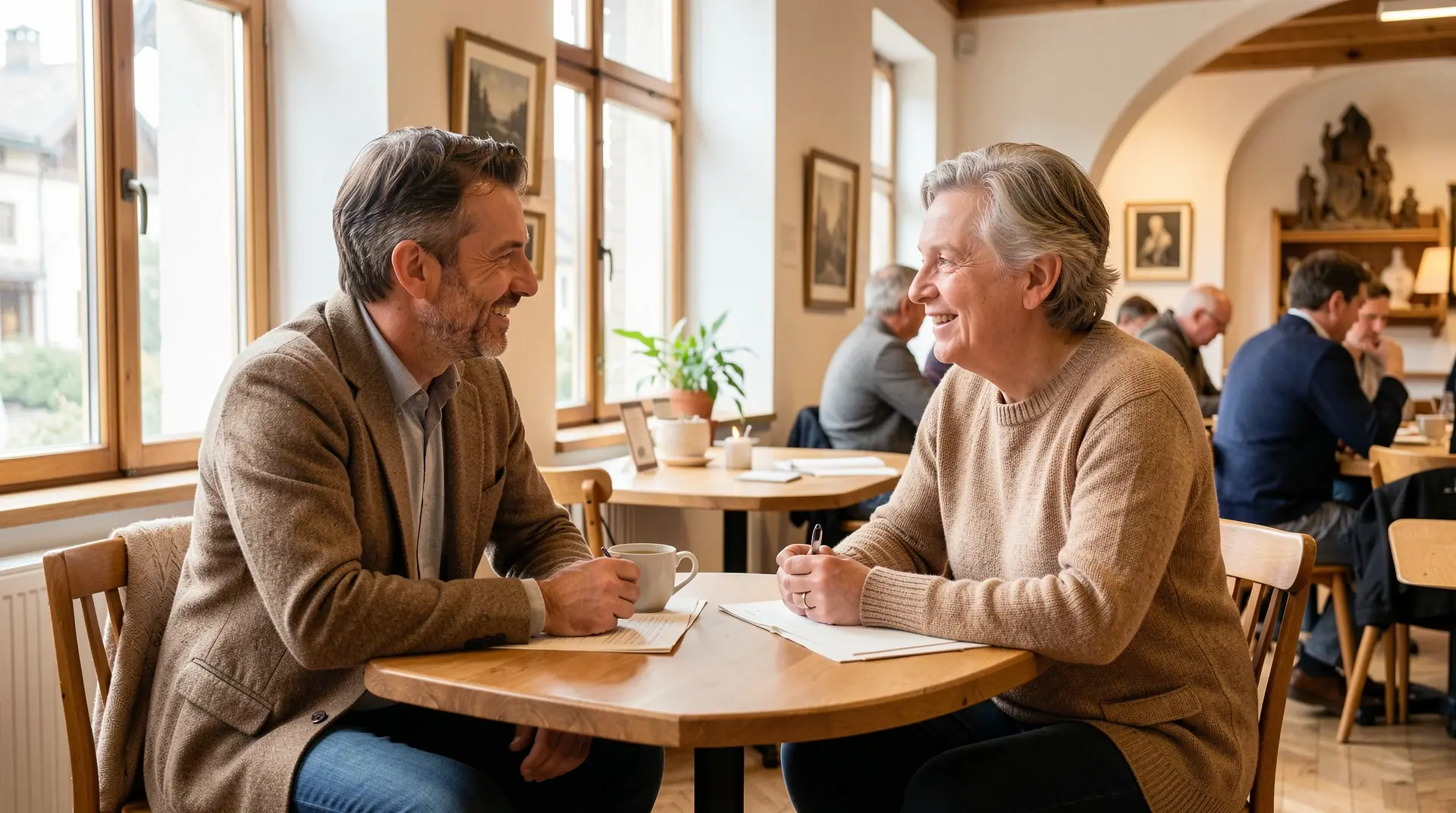 Zwei Erwachsene in freundschaftlichem Gespräch