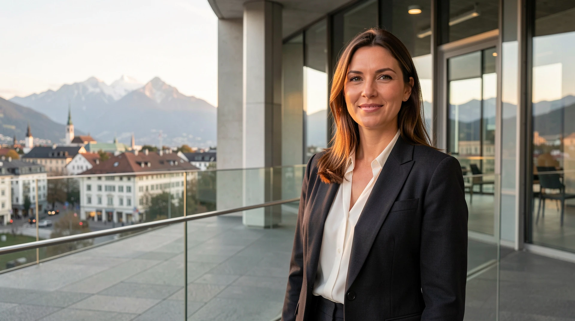 Selbstbewusste erwachsene Frau in moderner Schweizer Umgebung