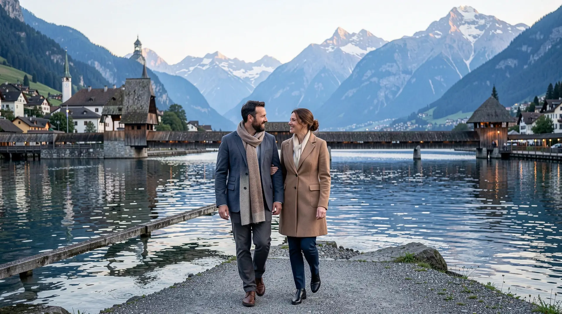Elegantes Paar an der Luzerner Seepromenade