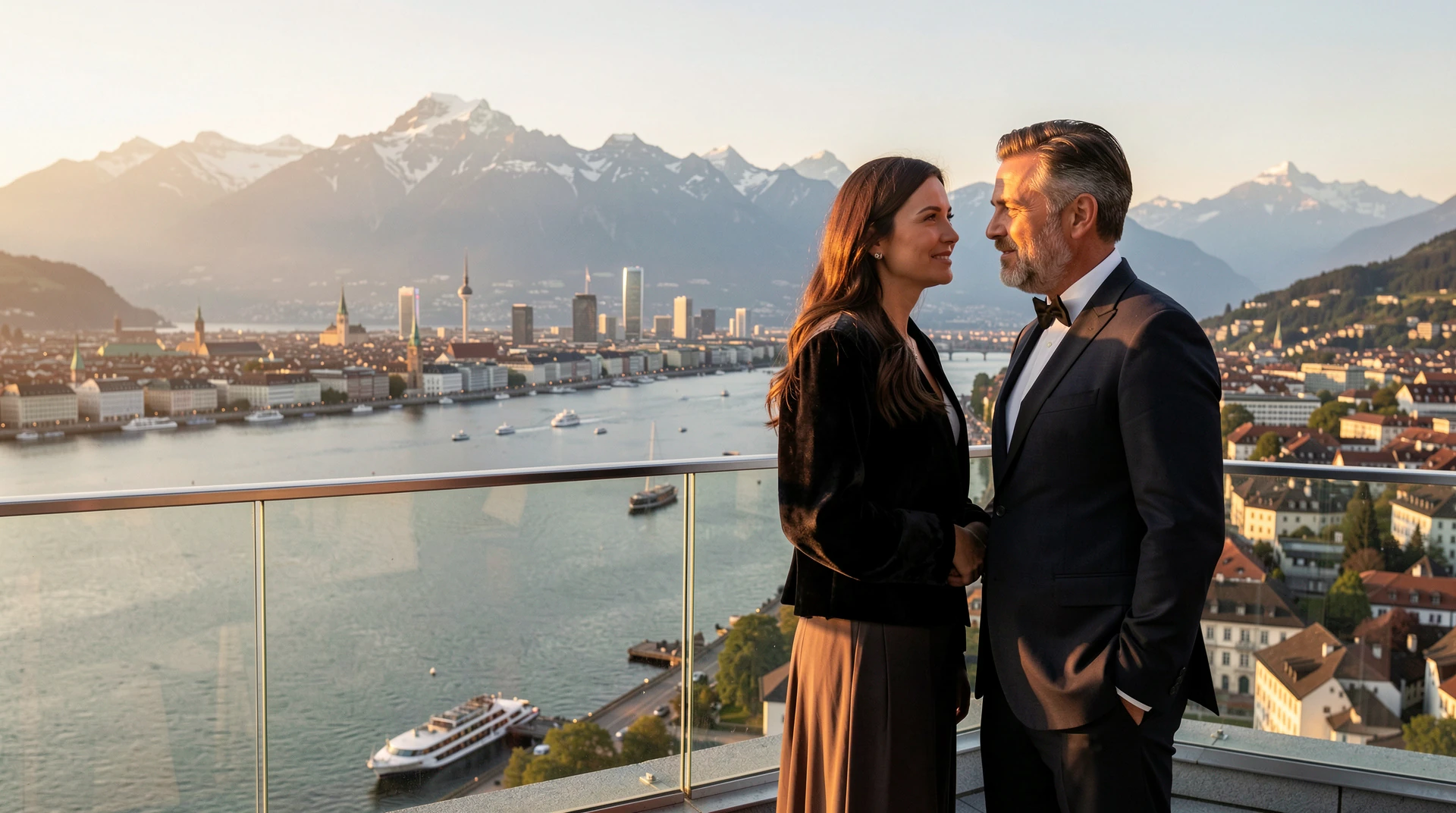 Elegantes erwachsenes Paar mit Blick über Zürich
