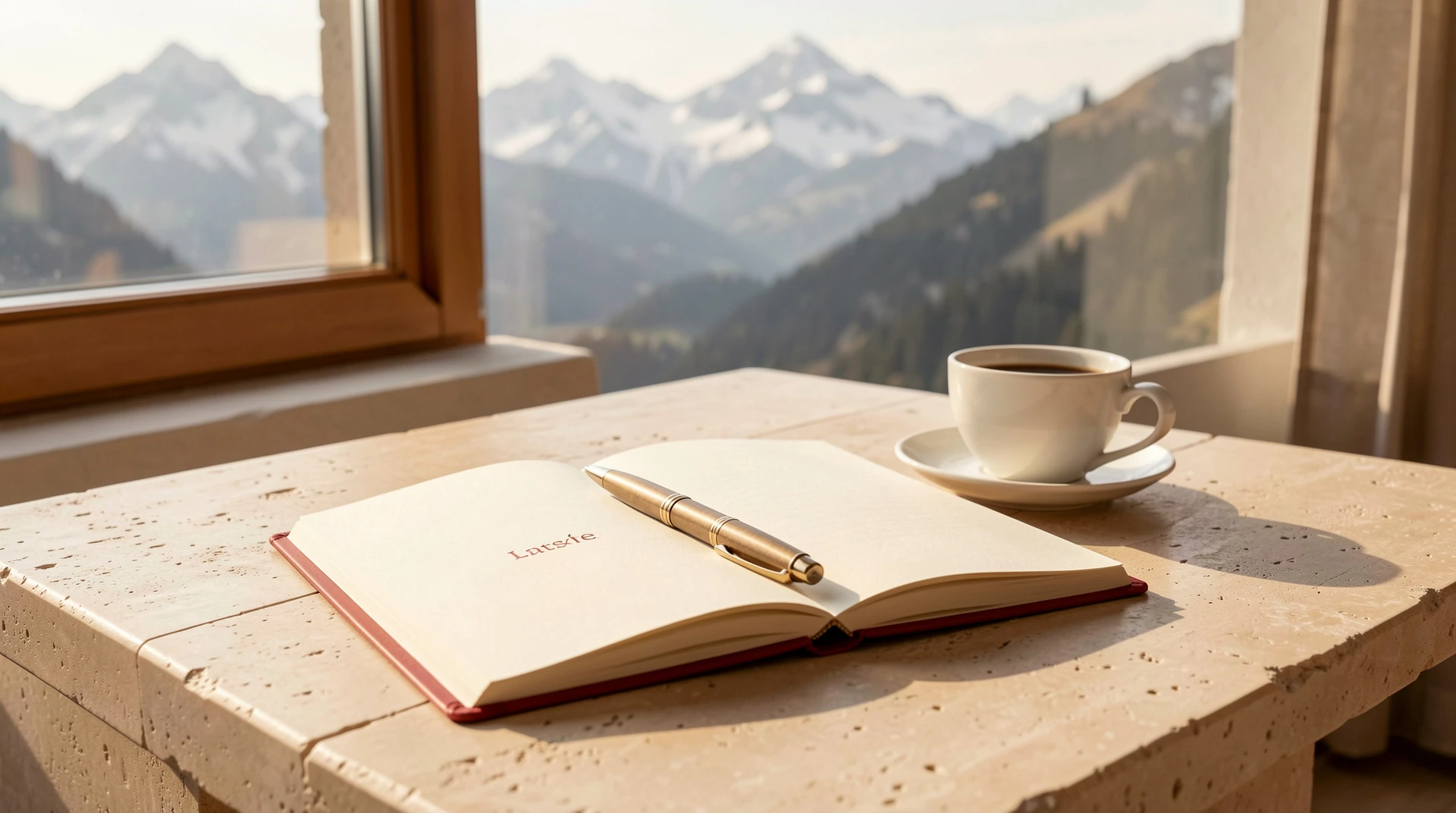 Offenes Ratgebermagazin neben Kaffee mit Schweizer Bergblick