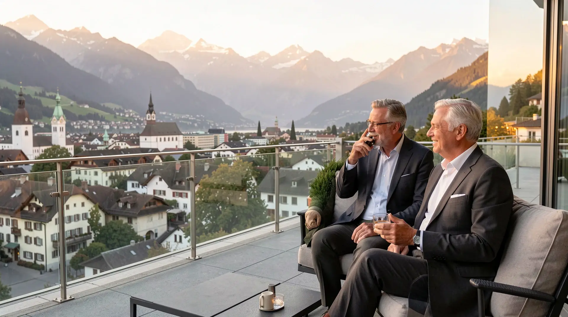 Stilvolles erwachsenes Paar mit Blick auf eine Schweizer Stadt